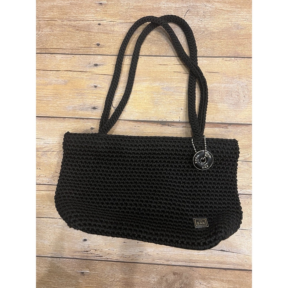 The SAK Black Crochet Lined Small Handbag Purse Solid BOHO Classic 10x6"